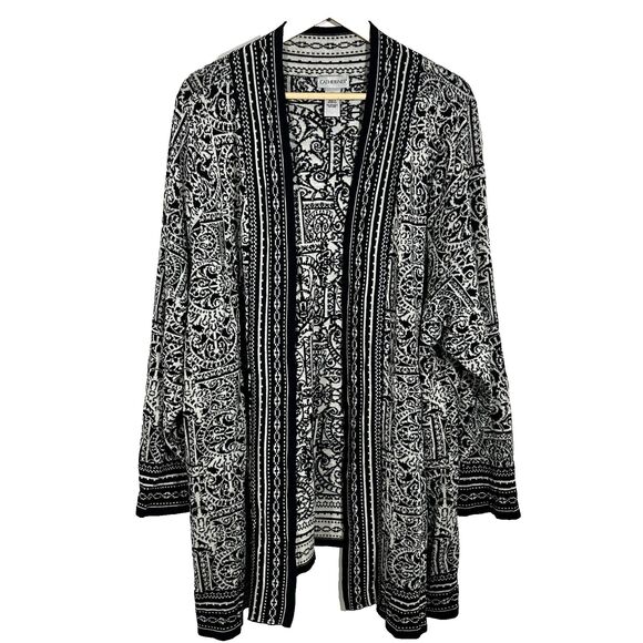 Catherines Sweater Size 3x Open Front Cardigan Sweatercoat Black White Print - Picture 1 of 7